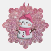 Cute Pink Snowman Personalized Name オーナメントカード (正面)