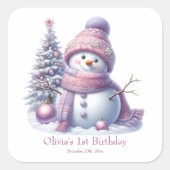 Cute Pink Snowman Winter Birthday スクエアシール (正面)