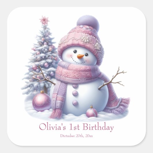 Cute Pink Snowman Winter Birthday スクエアシール (正面)