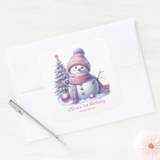 Cute Pink Snowman Winter Birthday スクエアシール (封筒)
