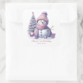 Cute Pink Snowman Winter Birthday スクエアシール (バッグ)