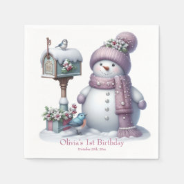 Cute Pink Snowman Winter Birthday スタンダードカクテルナプキン