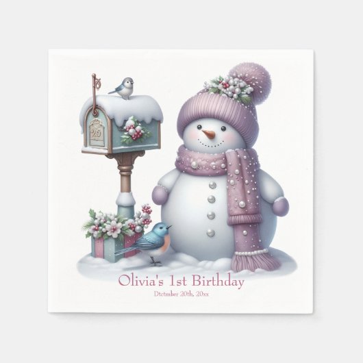 Cute Pink Snowman Winter Birthday スタンダードカクテルナプキン (正面)
