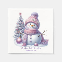 Cute Pink Snowman Winter Birthday スタンダードカクテルナプキン