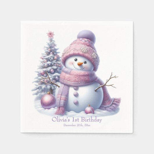 Cute Pink Snowman Winter Birthday スタンダードカクテルナプキン (正面)