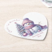 Cute Pink Snowman Winter Birthday ペーパーコースター (アングル)