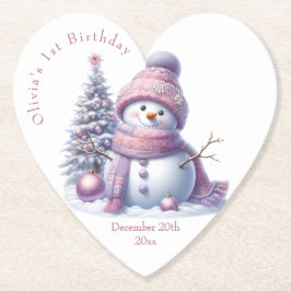 Cute Pink Snowman Winter Birthday ペーパーコースター