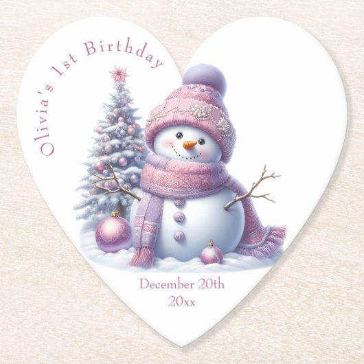 Cute Pink Snowman Winter Birthday ペーパーコースター (正面)