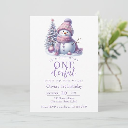 Cute Pink Snowman Winter Birthday Invitation 招待状 (スタンド正面)