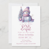 Cute Pink Snowman Winter Birthday Invitation 招待状 (正面)