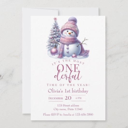 Cute Pink Snowman Winter Birthday Invitation 招待状 (正面)
