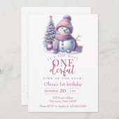 Cute Pink Snowman Winter Birthday Invitation 招待状 (正面/裏面)