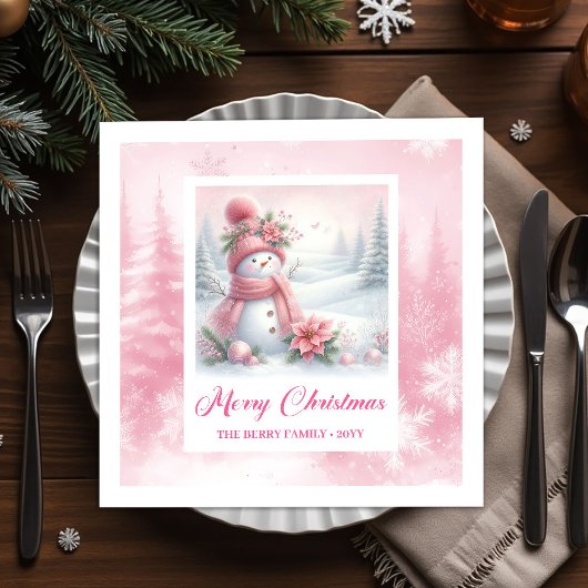 Cute Pink Snowman Winter Scene Christmas Napkins スタンダードカクテルナプキン