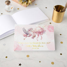 Cute Pink Stork with cloud Baby Girl Shower  ゲストブック