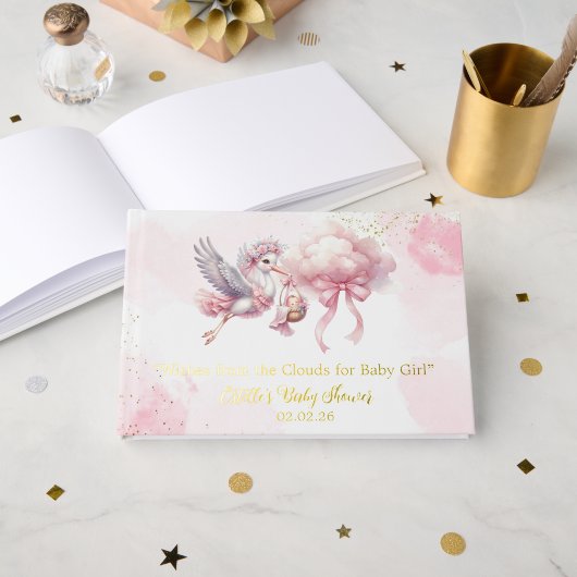 Cute Pink Stork with cloud Baby Girl Shower  ゲストブック