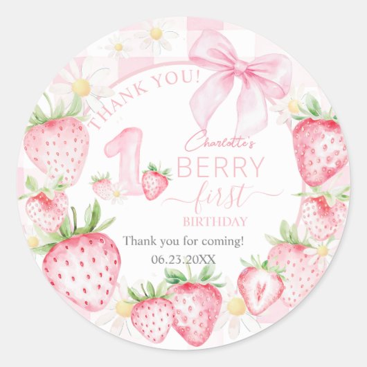 Cute Pink Strawberries Berry First 1st Birthday ラウンドシール (正面)