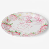 Cute Pink Strawberries Berry Sweet 3rd Birthday ペーパープレート (アングル)