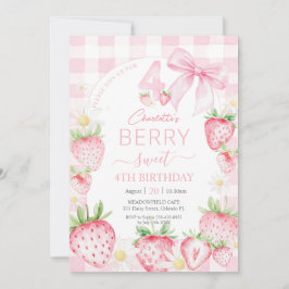 Cute Pink Strawberries Berry Sweet 4th Birthday 招待状