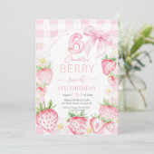 Cute Pink Strawberries Berry Sweet 6th Birthday 招待状 (スタンド正面)