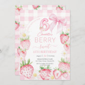 Cute Pink Strawberries Berry Sweet 6th Birthday 招待状 (正面/裏面)