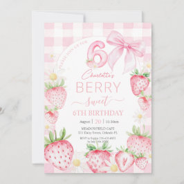 Cute Pink Strawberries Berry Sweet 6th Birthday 招待状