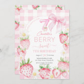 Cute Pink Strawberries Berry Sweet 7th Birthday 招待状 (正面/裏面)