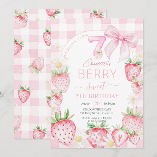 Cute Pink Strawberries Berry Sweet 7th Birthday 招待状 (正面/裏面)