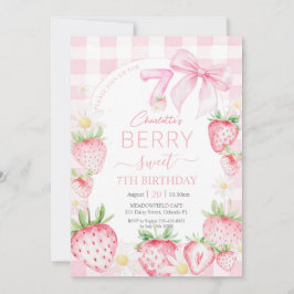 Cute Pink Strawberries Berry Sweet 7th Birthday 招待状
