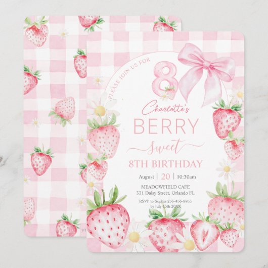 Cute Pink Strawberries Berry Sweet 8th Birthday 招待状 (正面/裏面)