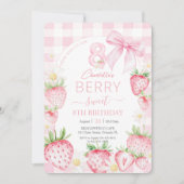 Cute Pink Strawberries Berry Sweet 8th Birthday 招待状 (正面)