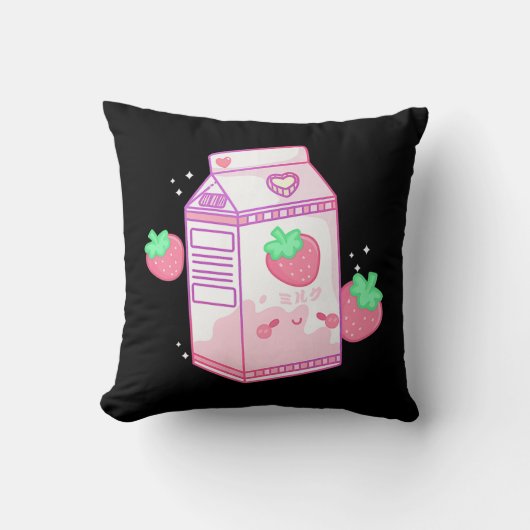 Cute Pink Strawberry Milk Japanese Kawaii Retro s クッション (正面)