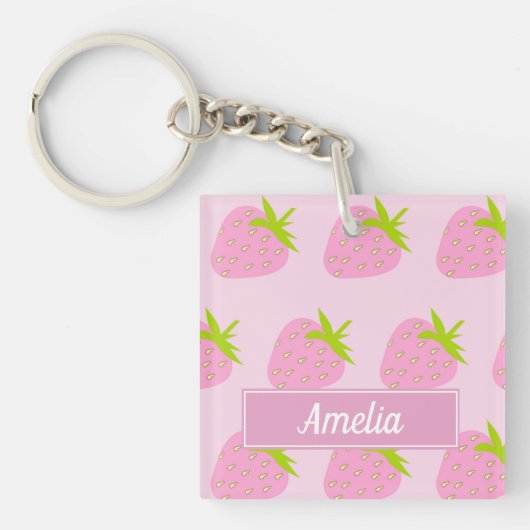 Cute Pink Strawberry Pattern Personalised キーホルダー (正面)