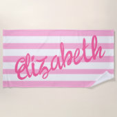 Cute Pink Striped Script Name Personalized  ビーチタオル (正面)