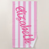 Cute Pink Striped Script Name Personalized  ビーチタオル (正面)
