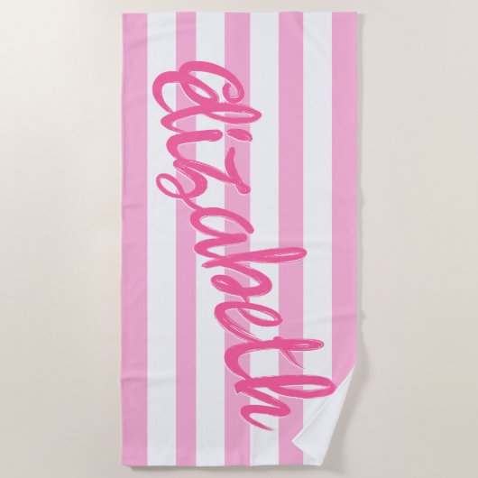Cute Pink Striped Script Name Personalized  ビーチタオル (正面)