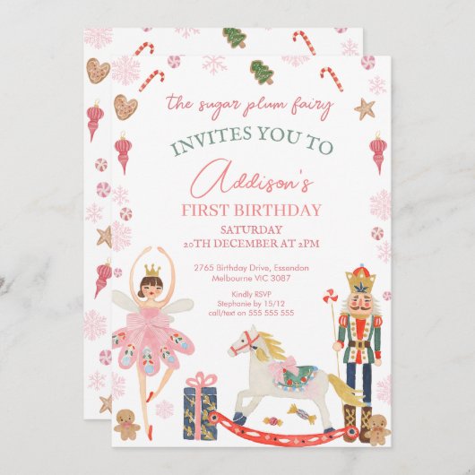 Cute Pink Sugar Plum Fairy Nutcracker Birthday 招待状 (正面/裏面)