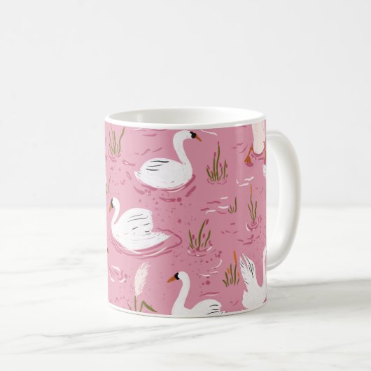 Cute Pink Swan Seamless Pattern コーヒーマグカップ (正面右)