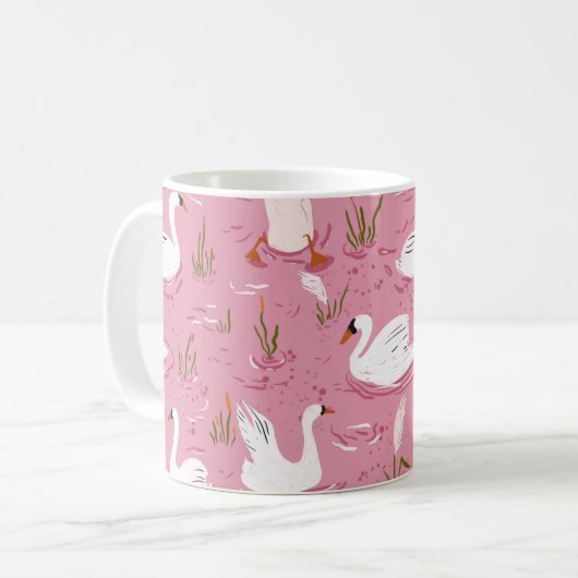 Cute Pink Swan Seamless Pattern コーヒーマグカップ (正面左)