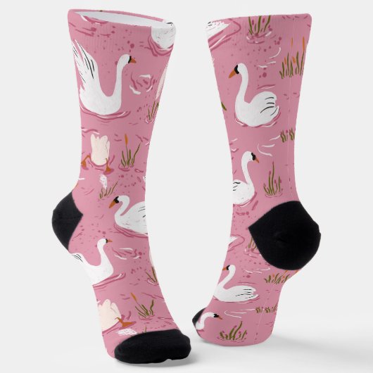 Cute Pink Swan Seamless Pattern ソックス (傾斜あり)