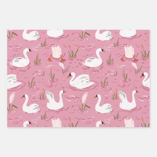 Cute Pink Swan Seamless Pattern ラッピングペーパーシート (正面)