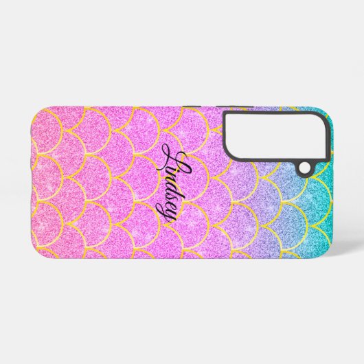 Cute Pink & Teal Personalized Glitter Mermaid  Samsung Galaxyケース (裏面横)