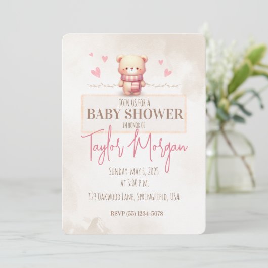 Cute Pink Teddy Bear Baby Shower  招待状 (スタンド正面)