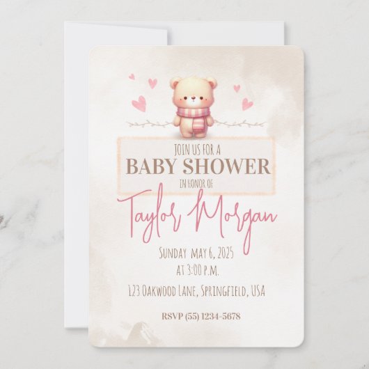 Cute Pink Teddy Bear Baby Shower 招待状 (正面)