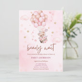 Cute Pink Teddy Bear Balloon Girl Baby Shower 招待状 (スタンド正面)