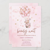 Cute Pink Teddy Bear Balloon Girl Baby Shower 招待状 (正面/裏面)