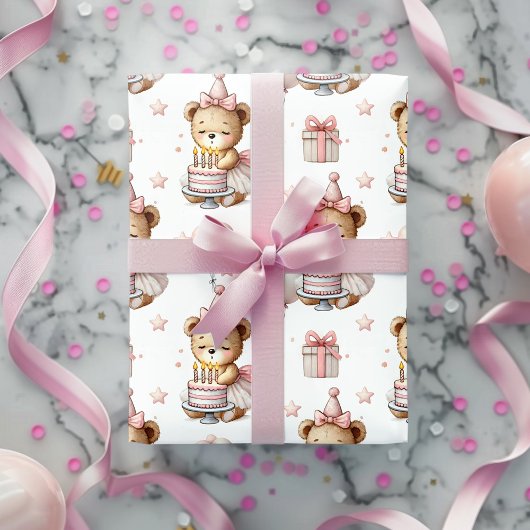 Cute Pink Teddy Bear Birthday Party Wrapping Paper ラッピングペーパー