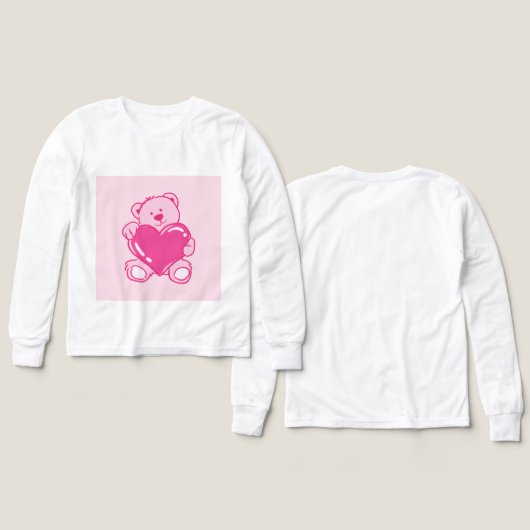 Cute Pink Teddy Bear Heart Kids Long Sleeve Shirt (デザイン 正面＆背面)