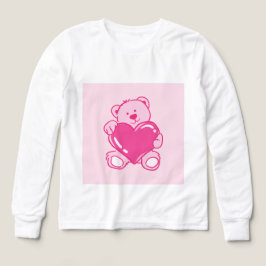 Cute Pink Teddy Bear Heart Kids Long Sleeve Shirt