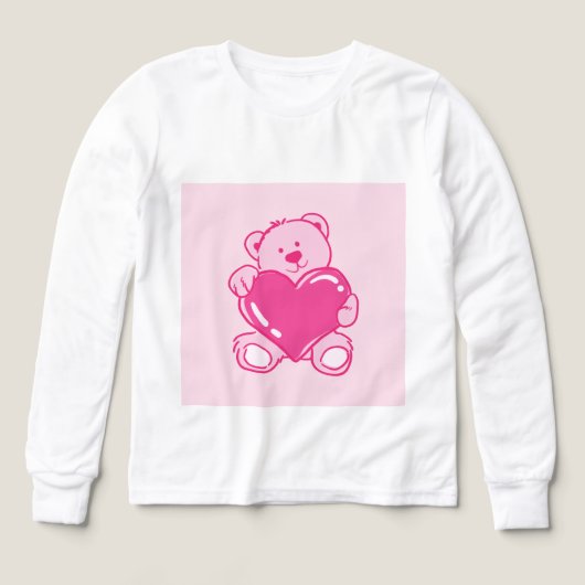 Cute Pink Teddy Bear Heart Kids Long Sleeve Shirt (デザイン正面)