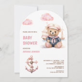 Cute Pink Teddy Bear Nautical Girl Baby Shower 招待状 (正面)